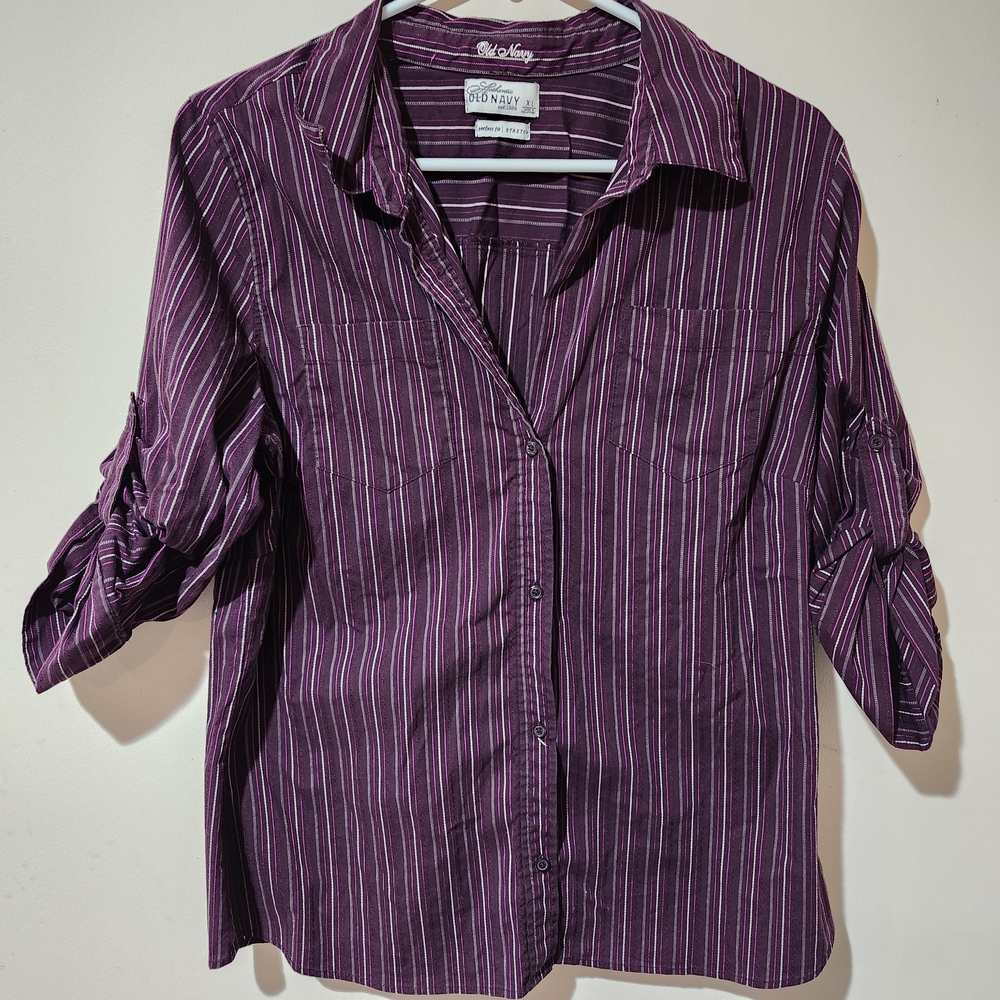 Old Navy Women's Button Down Shirt in Purple Stripe